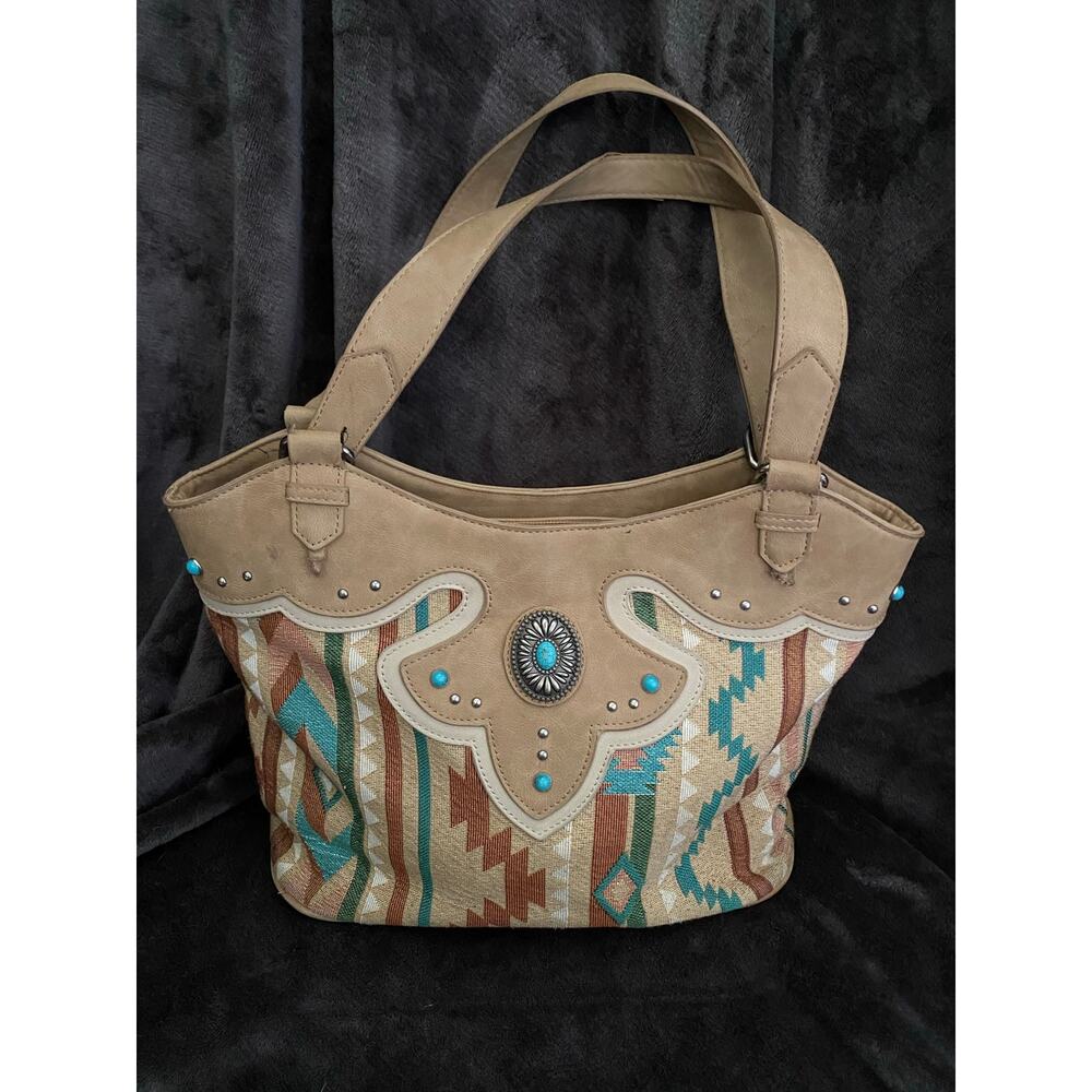 Justin Boots Western-Style Leather & Fabric Handbag w Turquoise Embellishment